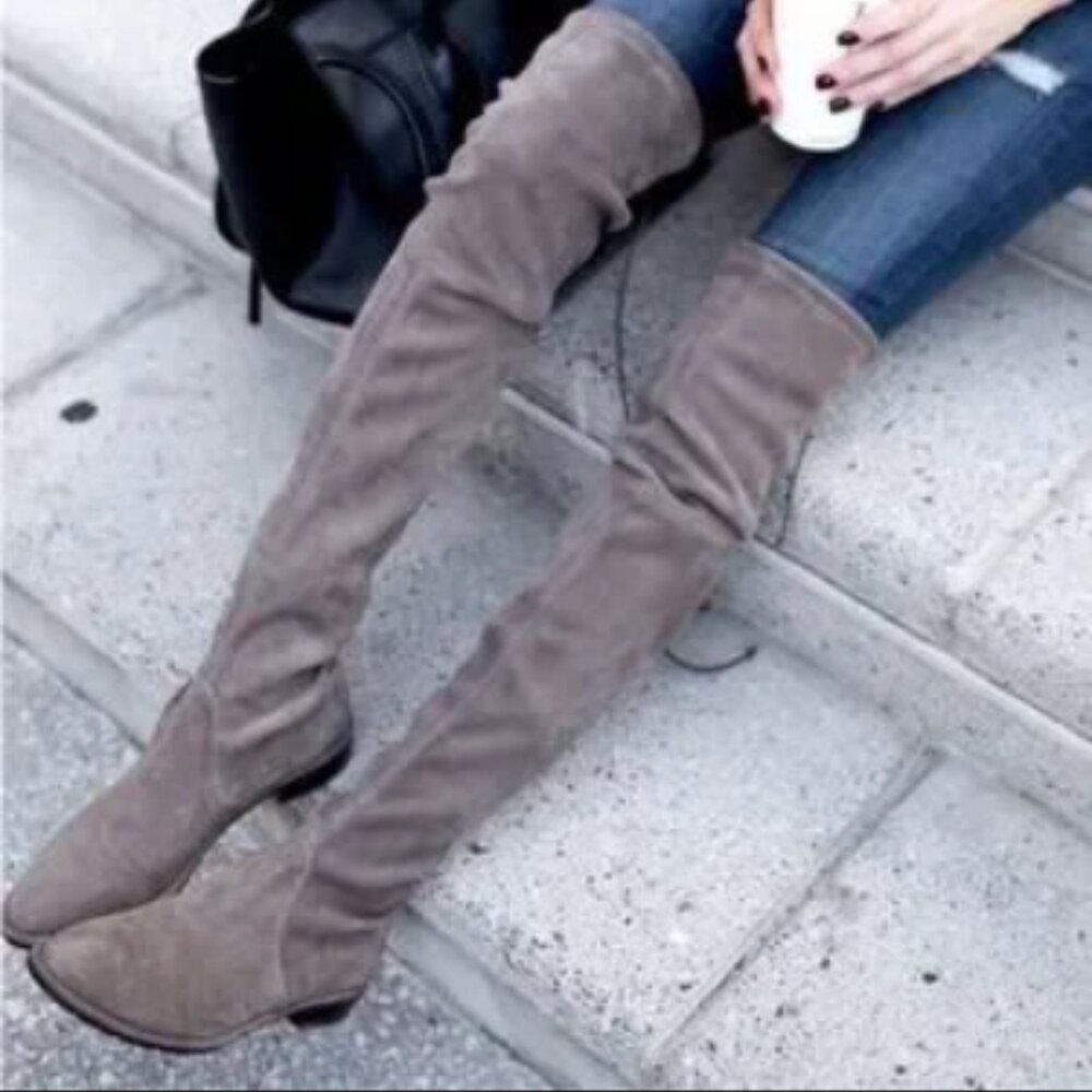 Stuart Weitzman Lowland OTK Boots Gray Suede 7 Minimalist Feminine Quiet Luxury - Picture 8 of 10
